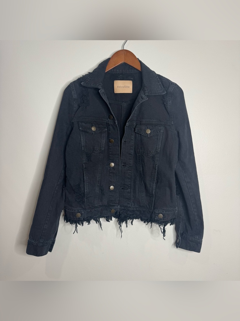 Retrofete Black Distressed Cotton Denim Jacket Boho Rock Grunge Size Small